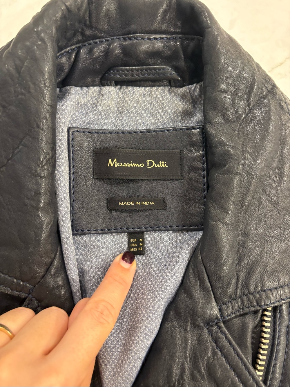 Massimo Dutti Dark Navy Genuine Leather Biker Jacket - Picture 2 of 2